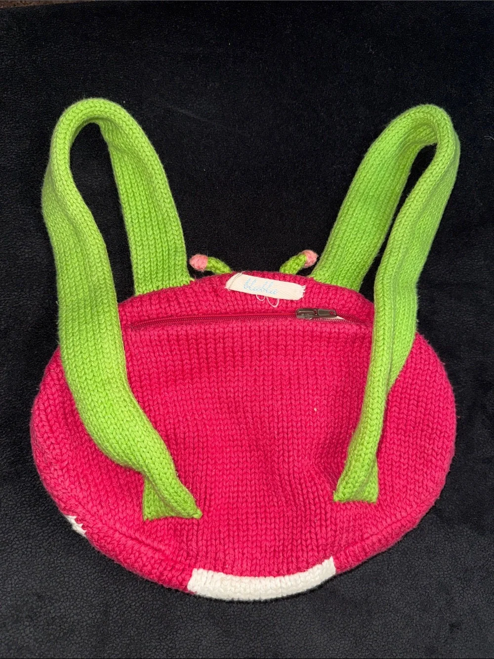 Pink Ladybug Knit Kids Backpack with Lime Green Straps